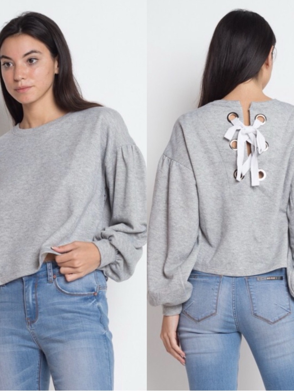 Iris Basic Gray Lace-Up Back Crewneck Sweater